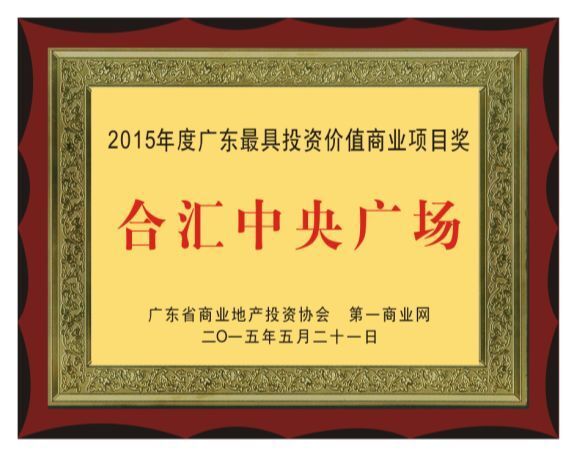 合汇•中央广场 “2015年度广东省最具投资价值商业项目奖”